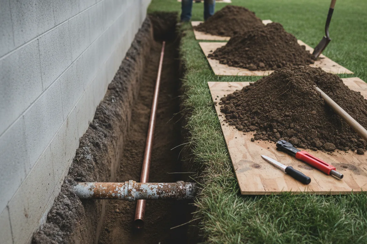 Excavated water line trench during Water Softener Installation in Ferndale